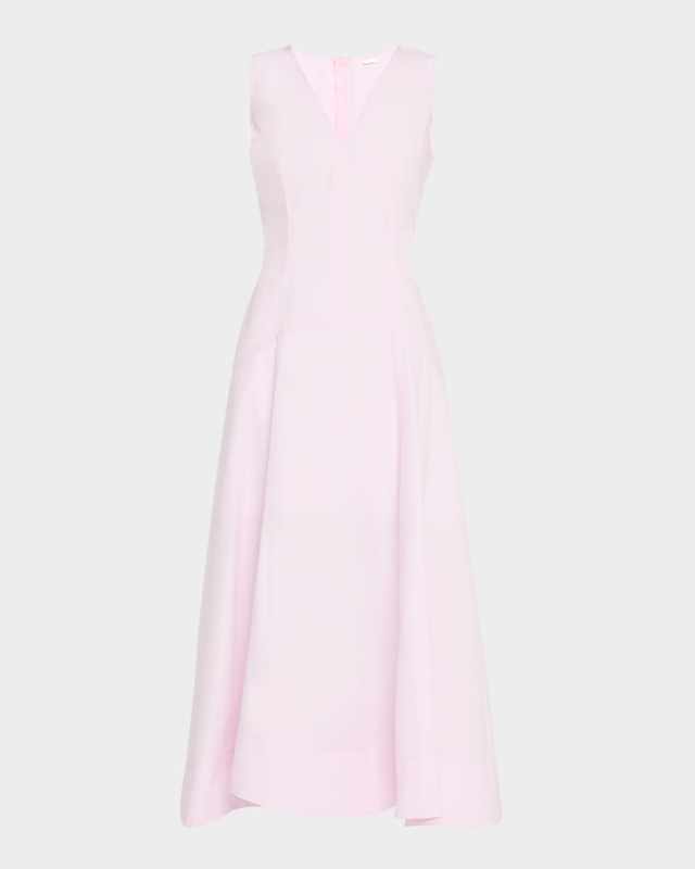 V-Neck Drop Waist Cotton Poplin Midi Dress